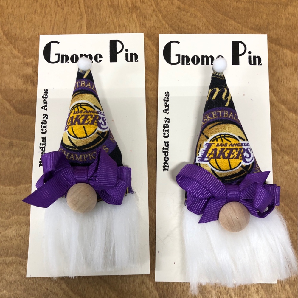 LA Lakers Gnome Pin Brooch NBA Gift Guide Handmade Bow Basketball Magnetic
